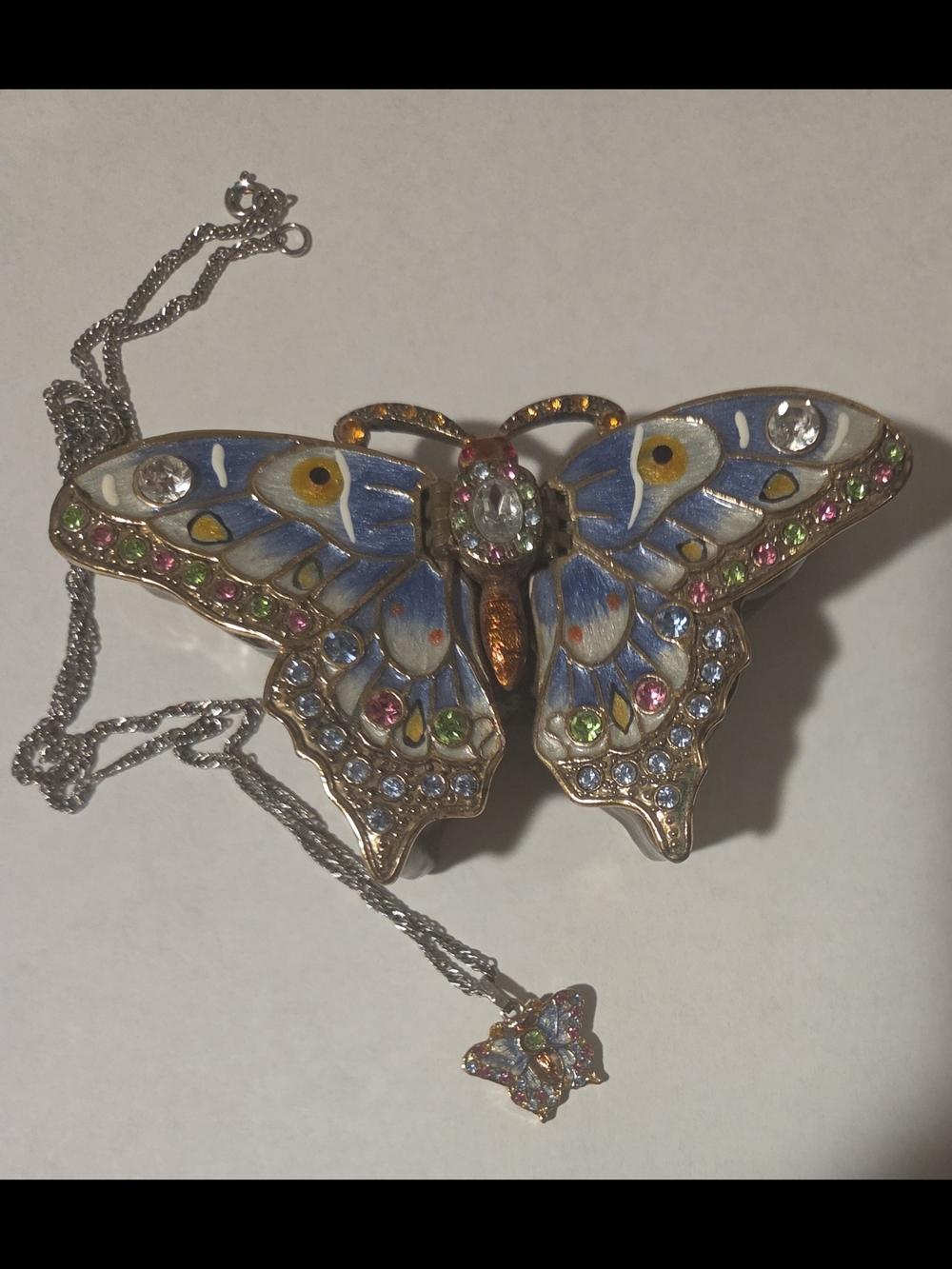 Blue Butterfly Pendant Necklace with Multi-Color Crystals w/ Enamel Jewelry Box